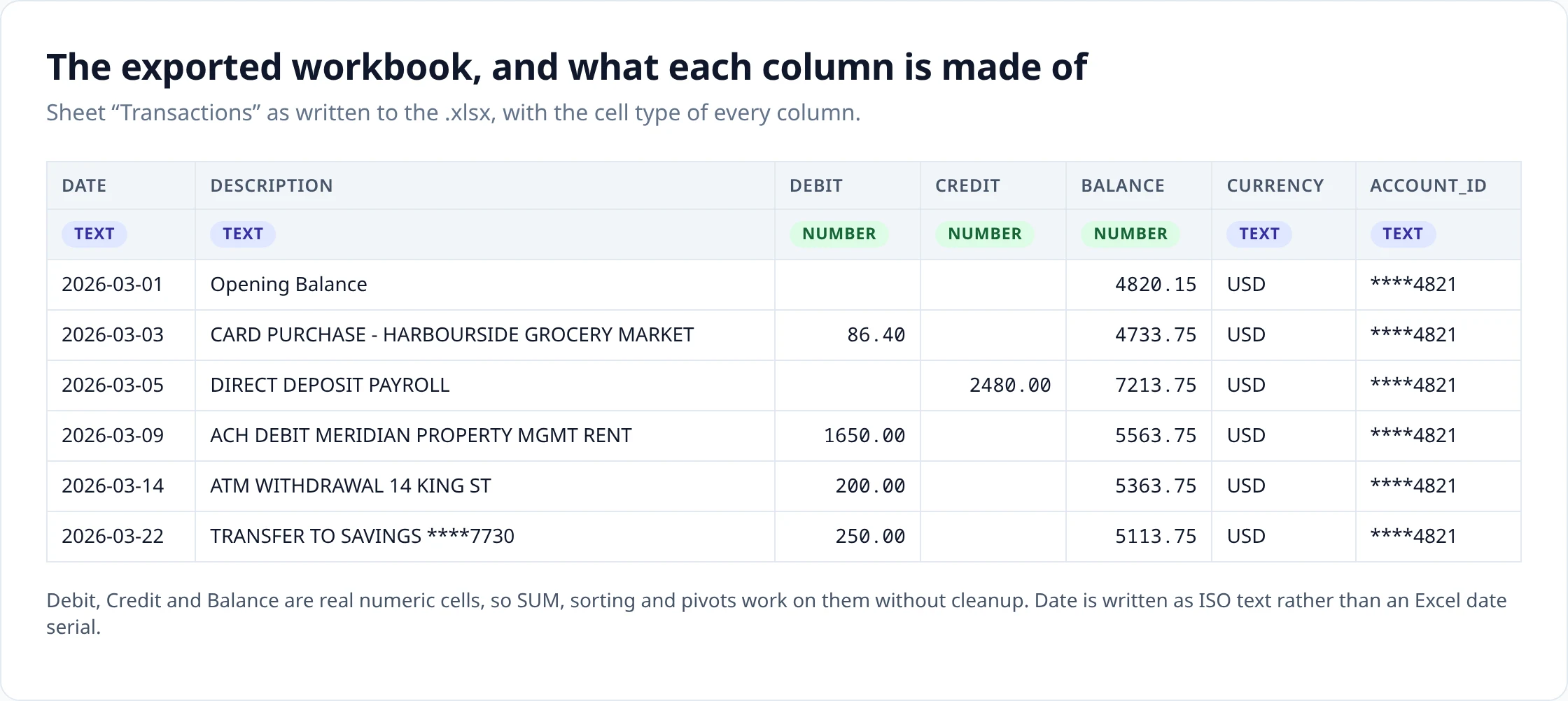The exported Transactions sheet with a type label on each column: Debit, Credit and Balance are numeric cells, Date, Description, Currency and Account_ID are text.
