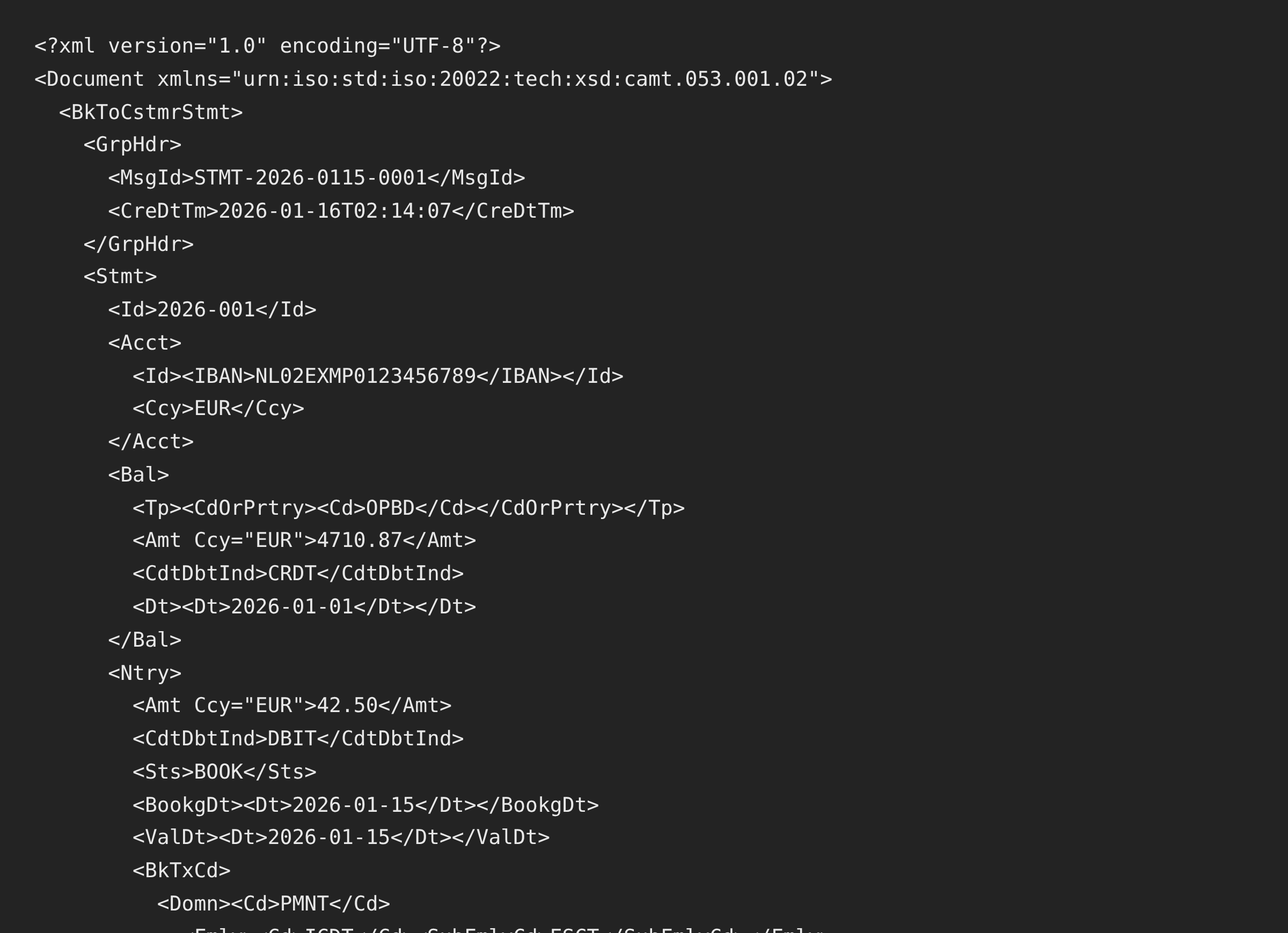 Raw CAMT.053 XML bank statement in an editor