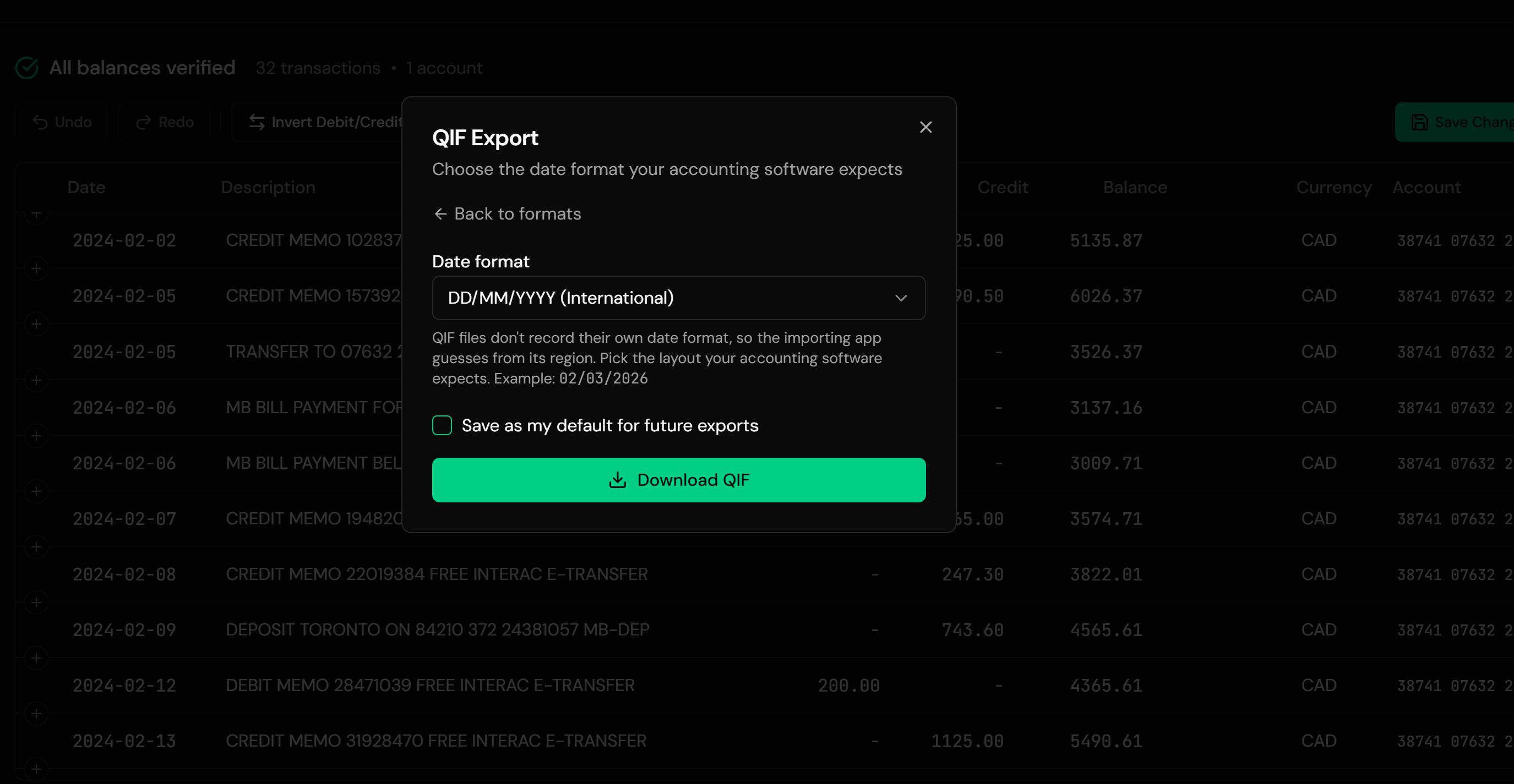 Transactions mapped and ready for QIF export