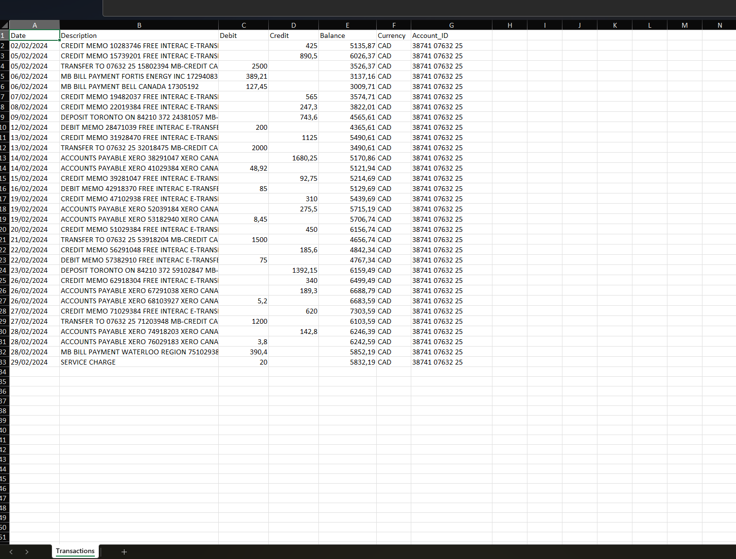 Excel transaction workbook before conversion