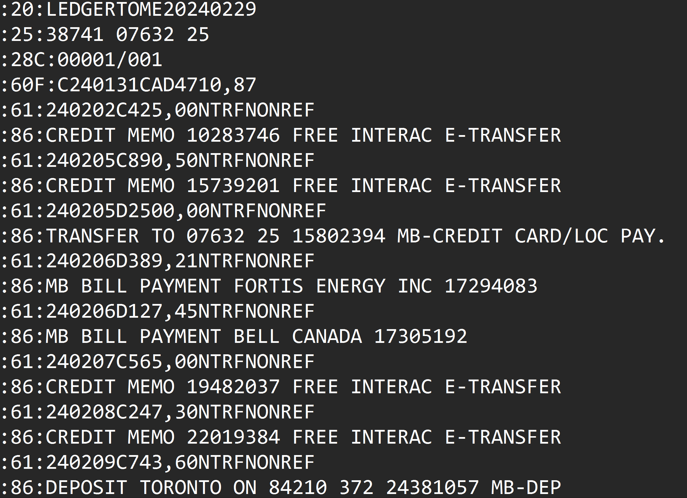 Raw MT940 SWIFT statement file in a text editor