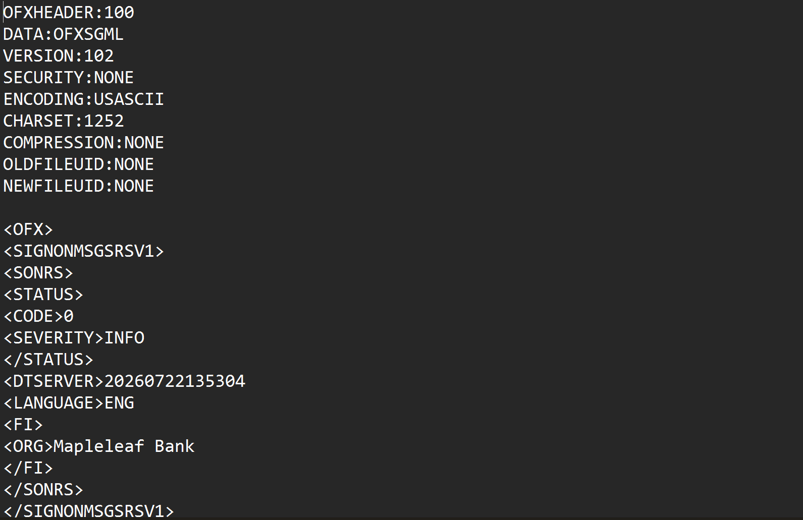 Raw OFX bank file in a text editor