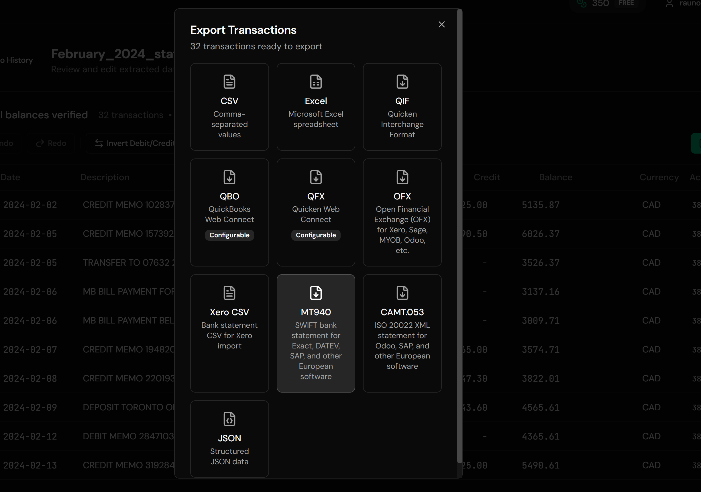 Extracted transactions ready for MT940 export