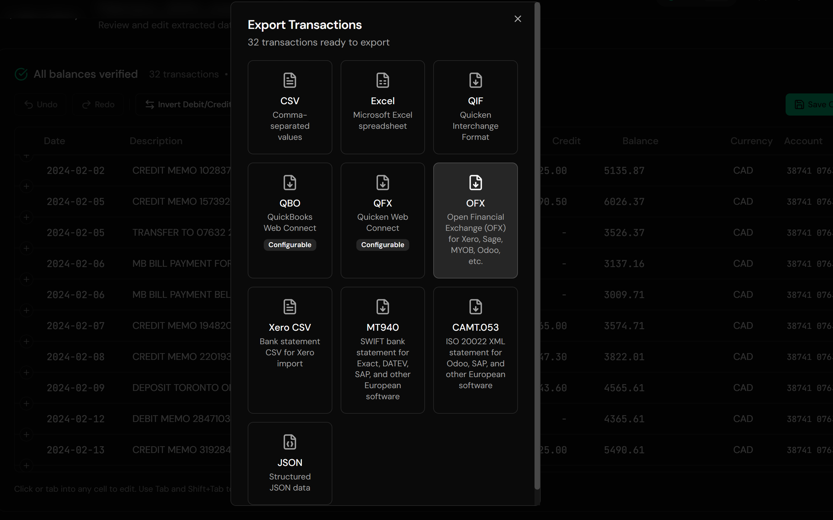 Extracted transactions ready for OFX export