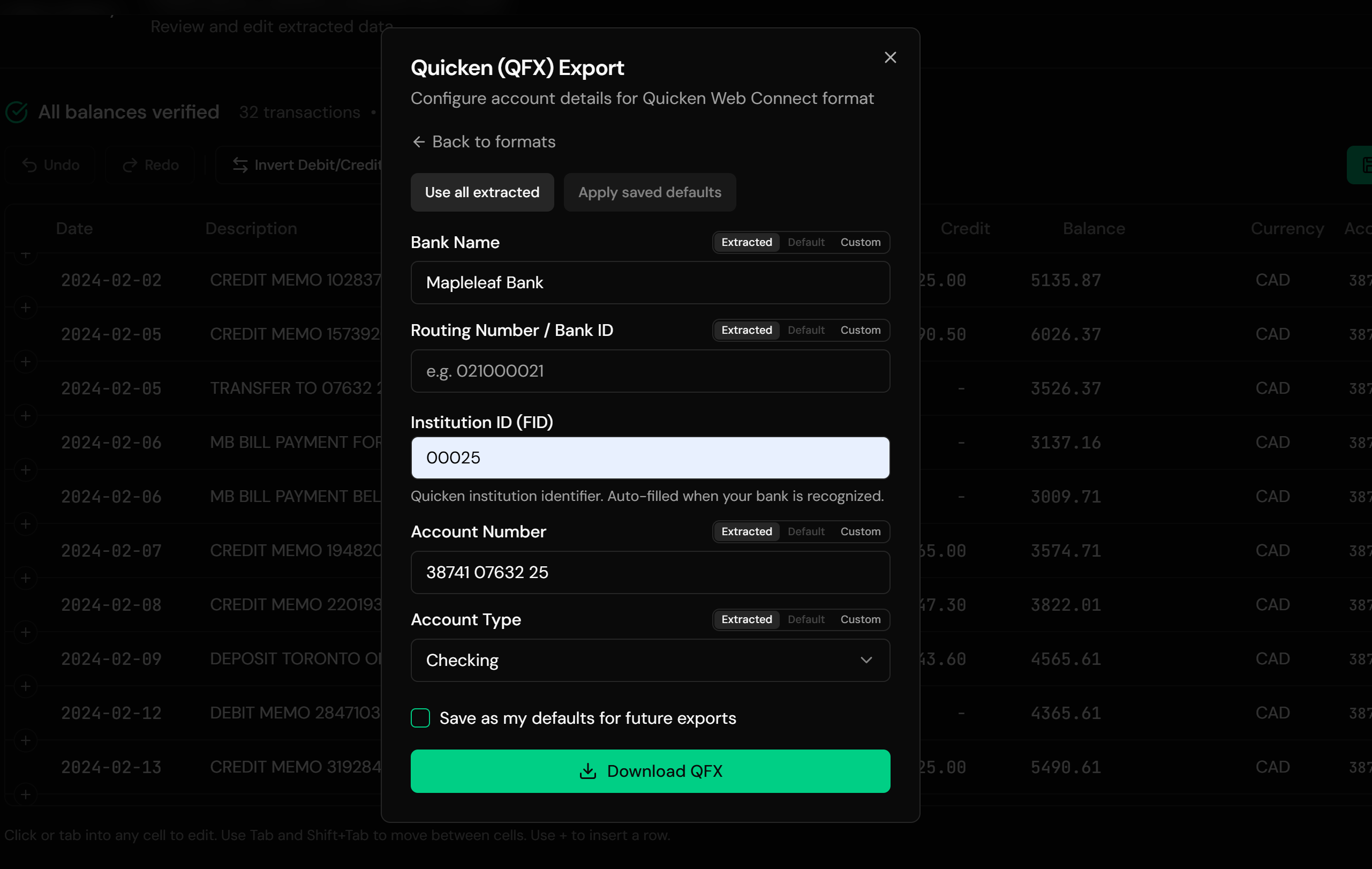 Extracted transactions ready for QFX export