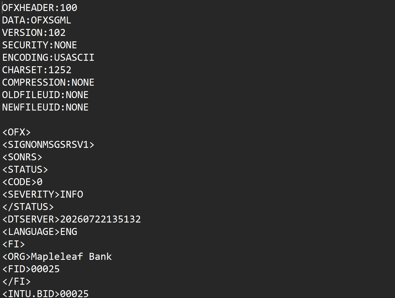 Raw QBO file in a text editor