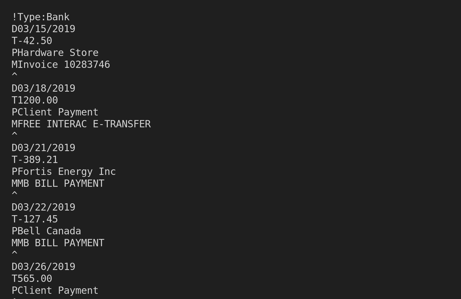 QIF file in a text editor showing line-coded records