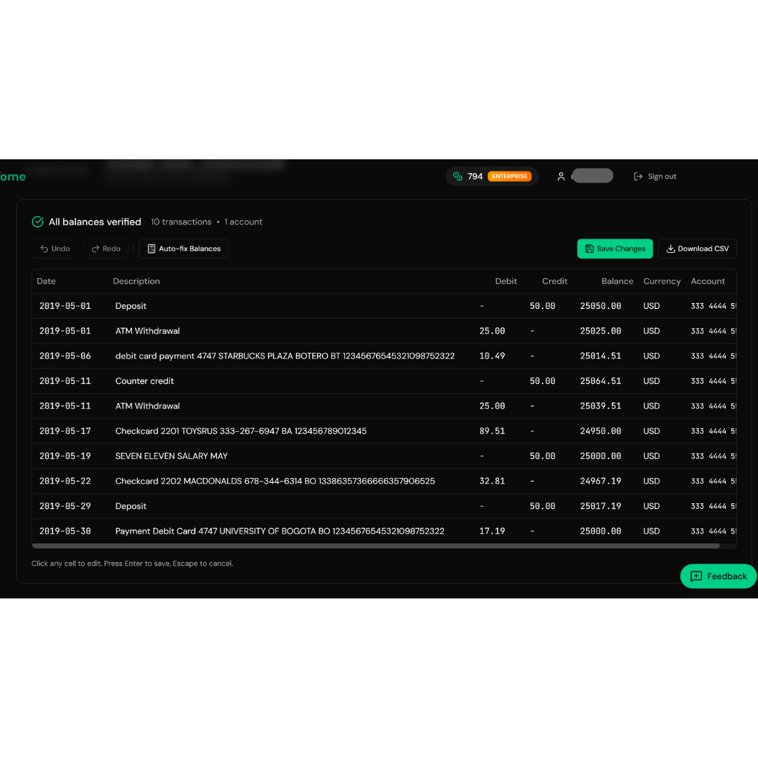 Extracted transactions ready for CSV export