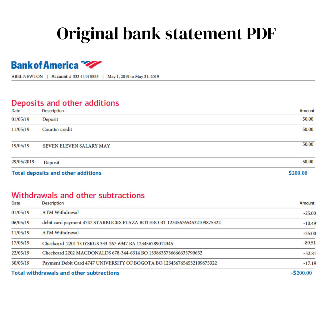 Credit card statement PDF before conversion